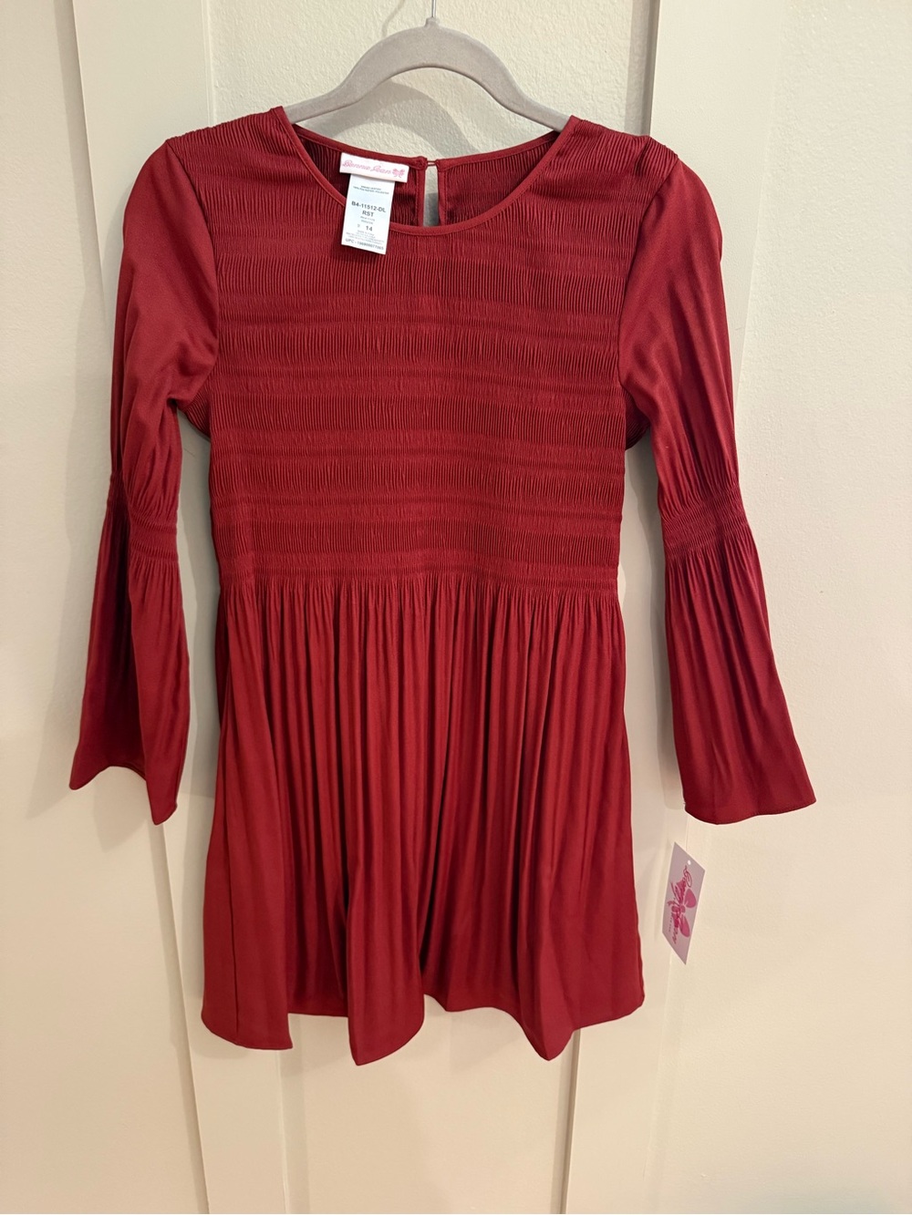 Bonnie Jean Girls' Burgundy Smocked Long-Sleeve Dress Size 14